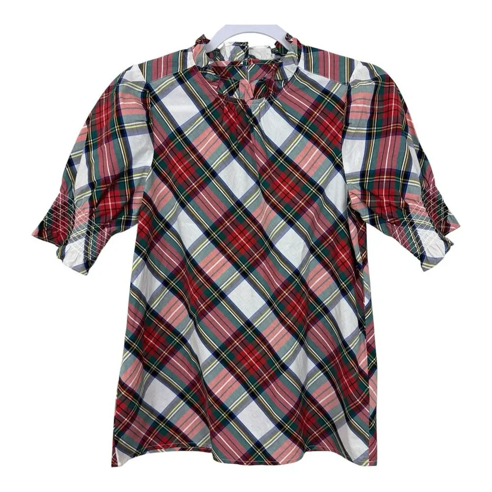 J.CREW Stuart Tartan Shirt Sz XXS Puff Sleeve White Red Plaid BE001 High Neck